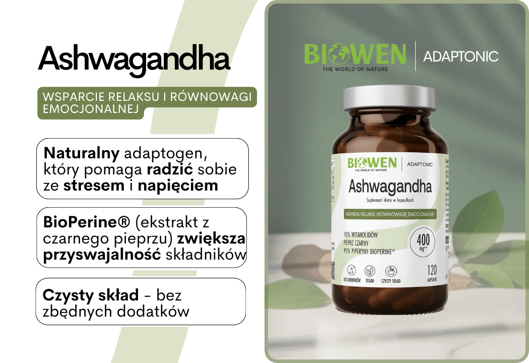 Ashwagandha 400 mg 10% Witanolidów + Bioperine VEGE (120 Kaps) Biowen